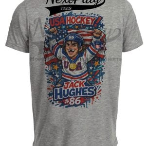 USA Jack Hughes Gold Olympic Hockey Gray Sublimated T-Shirt
