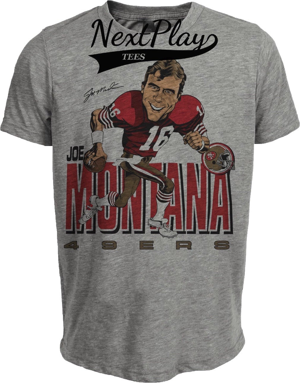 San Francisco 49ers Joe Montana Caricature Retro Football 1984 Artwork Heather Gray Sublimated T-Shirt