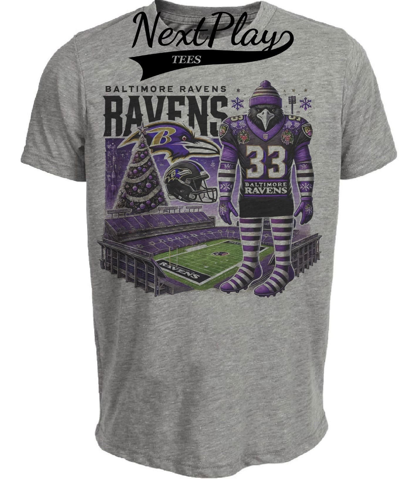 Baltimore Ravens Holiday Exclusive Retro Football Artwork Heather Gray Sublimated T-Shirt
