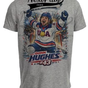 USA Quinn Hughes Gold Olympic Hockey Gray Sublimated T-Shirt