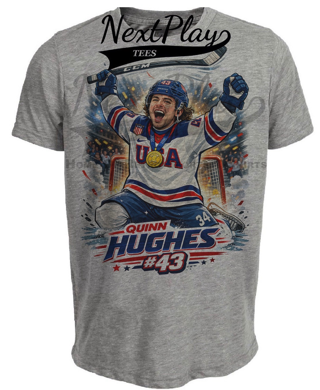 USA Quinn Hughes Gold Olympic Hockey Gray Sublimated T-Shirt