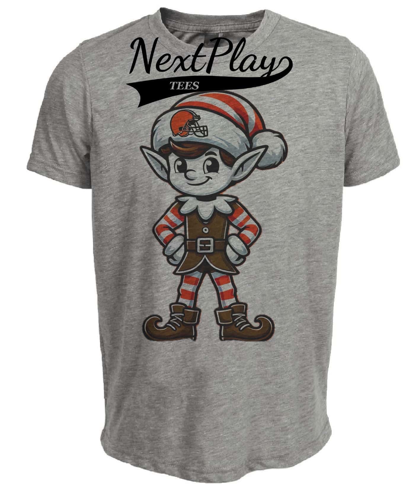 Cleveland Browns Holiday Exclusive Retro Football Brownie the Elf Artwork Heather Gray Sublimated T-Shirt