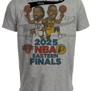 New York Knicks Jalen Brunson vs. Indiana Pacers Tyrese Haliburton Exclusive Eastern Finals Retro Rivalries Basketball Artwork Heather Gray Sublimated T-Shirt