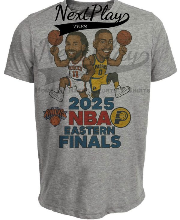 New York Knicks Jalen Brunson vs. Indiana Pacers Tyrese Haliburton Exclusive Eastern Finals Retro Rivalries Basketball Artwork Heather Gray Sublimated T-Shirt