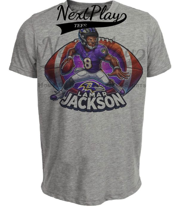 Baltimore Ravens Lamar Jackson Exclusive Retro Football Artwork Heather Gray Sublimated T-Shirt