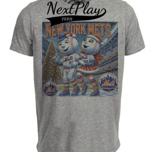 New York Mets Holiday Celebration Exclusive Retro Baseball Mr. Met Artwork Heather Gray Sublimated T-Shirt