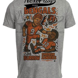 Cincinnati Bengals Joe Burrow vs. Cleveland Browns Shedeur Sanders Exclusive Retro Rivalries Football Artwork Heather Gray Sublimated T-Shirt