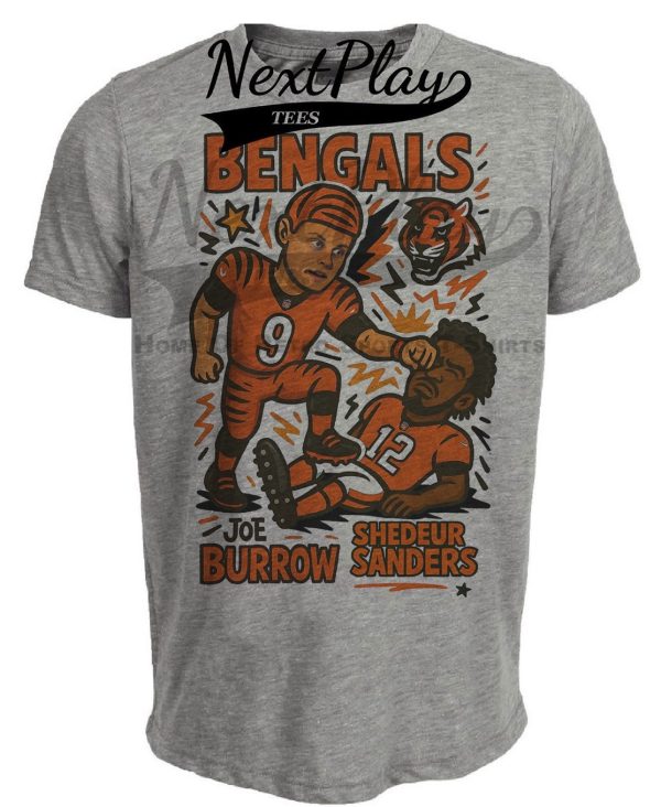 Cincinnati Bengals Joe Burrow vs. Cleveland Browns Shedeur Sanders Exclusive Retro Rivalries Football Artwork Heather Gray Sublimated T-Shirt