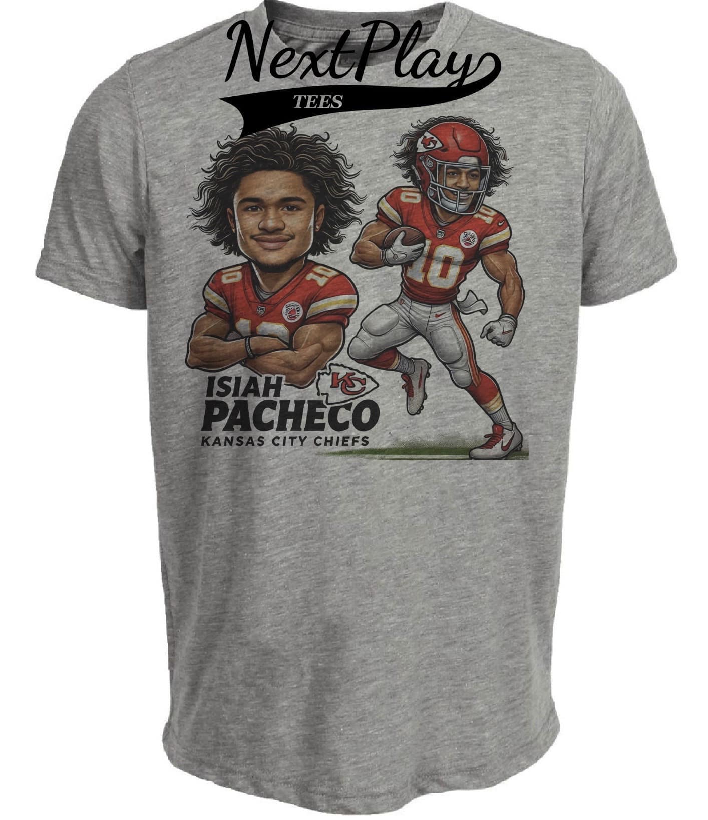 Kansas City Chiefs Isiah Pacheco Exclusive Retro Football Artwork Heather Gray Sublimated T-Shirt