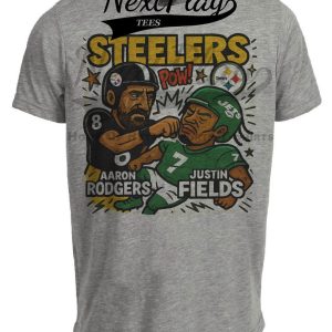 Pittsburgh Steelers Aaron Rodgers vs. New York Jets Justin Fields 
Exclusive Retro Rivals Football Punch Artwork Heather Gray Sublimated T-Shirt
