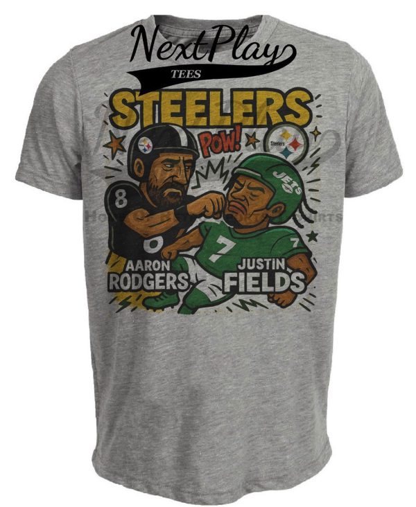 Pittsburgh Steelers Aaron Rodgers vs. New York Jets Justin Fields 
Exclusive Retro Rivals Football Punch Artwork Heather Gray Sublimated T-Shirt