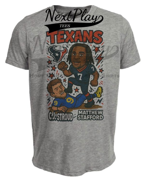 Houston Texans C.J. Stroud vs. Los Angeles Rams Matthew Stafford Exclusive Retro Rivals Football Artwork Heather Gray Sublimated T-Shirt