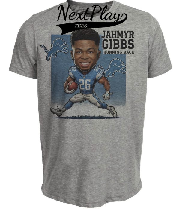 Detroit Lions Jahmyr Gibbs Exclusive Retro Football Artwork Heather Gray Sublimated T-Shirt