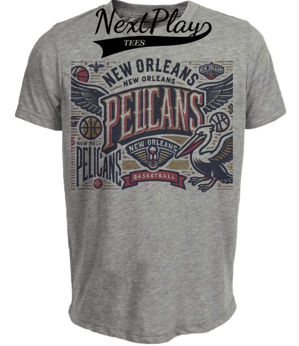 New Orleans Pelicans Exclusive Retro Pro Basketball Artwork Heather Gray Sublimated T-Shirt