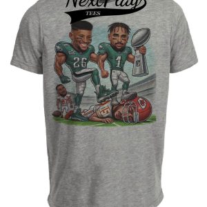 Philadelphia Eagles Saquon & Hurts vs. Kansas City Chiefs Mahomes & Kelce Exclusive Retro Rivalries Football Super Bowl Artwork Heather Gray Sublimated T-Shirt