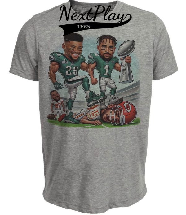 Philadelphia Eagles Saquon & Hurts vs. Kansas City Chiefs Mahomes & Kelce Exclusive Retro Rivalries Football Super Bowl Artwork Heather Gray Sublimated T-Shirt