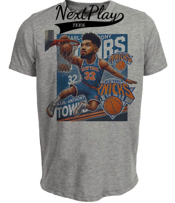 New York Knicks Karl-Anthony Towns Exclusive Retro Basketball Artwork Heather Gray Sublimated T-Shirt