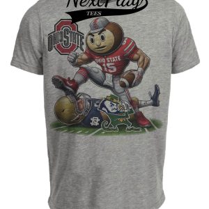 Ohio State Buckeyes vs. Notre Dame Fighting Irish Exclusive Retro Rivalries Playoff Football Stomp Artwork Heather Gray Sublimated T-Shirt
