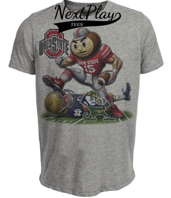 Ohio State Buckeyes vs. Notre Dame Fighting Irish Exclusive Retro Rivalries Playoff Football Stomp Artwork Heather Gray Sublimated T-Shirt