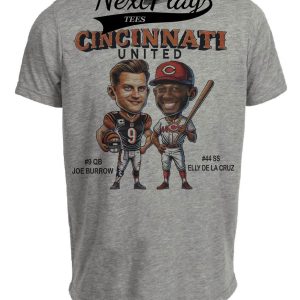 Cincinnati Reds Bengals United Exclusive Joe Burrow & Elly De La Cruz Retro Football Baseball Artwork Heather Gray Sublimated T-Shirt