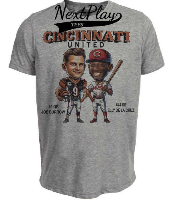 Cincinnati Reds Bengals United Exclusive Joe Burrow & Elly De La Cruz Retro Football Baseball Artwork Heather Gray Sublimated T-Shirt