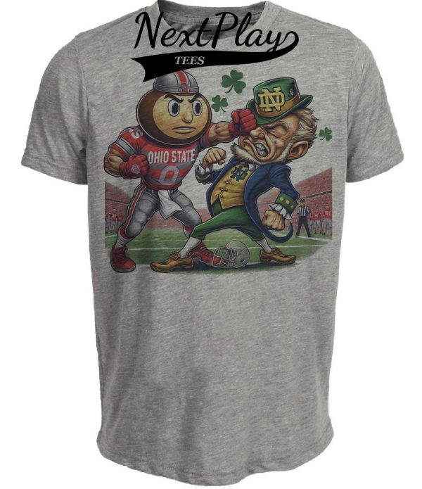 Ohio State Buckeyes vs. Notre Dame Fighting Irish Exclusive Retro Rivalries Playoff Football Punch Artwork Heather Gray Sublimated T-Shirt