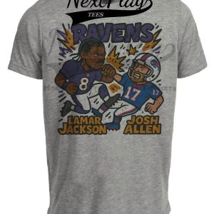 Baltimore Ravens Lamar Jackson vs. Buffalo Bills Josh Allen Exclusive Retro Rivals Football Artwork Heather Gray Sublimated T-Shirt