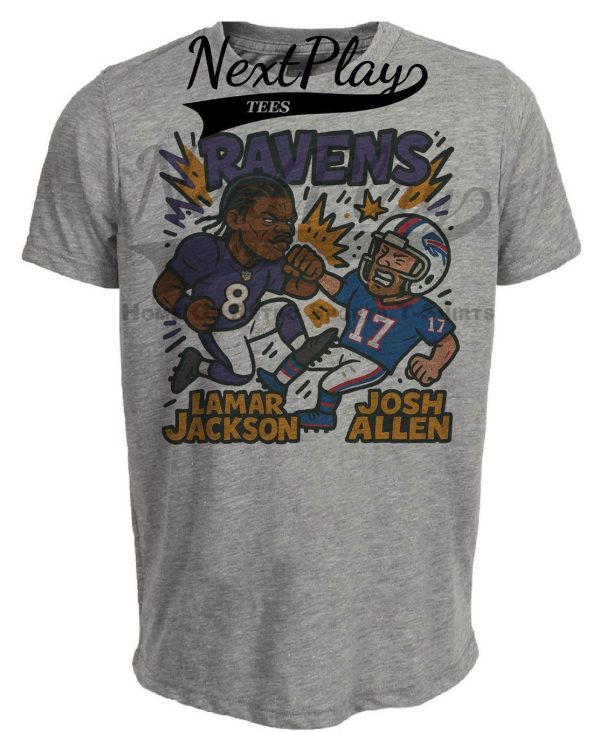 Baltimore Ravens Lamar Jackson vs. Buffalo Bills Josh Allen Exclusive Retro Rivals Football Artwork Heather Gray Sublimated T-Shirt