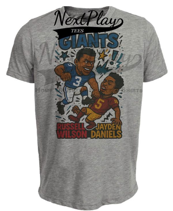 New York Giants Russell Wilson vs. Washington Commanders Jayden Daniels Exclusive Retro Rivals Football Artwork Heather Gray Sublimated T-Shirt