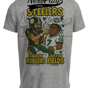 Pittsburgh Steelers Aaron Rodgers vs. New York Jets Justin Fields Exclusive Retro Rivals Football Artwork Heather Gray Sublimated T-Shirt