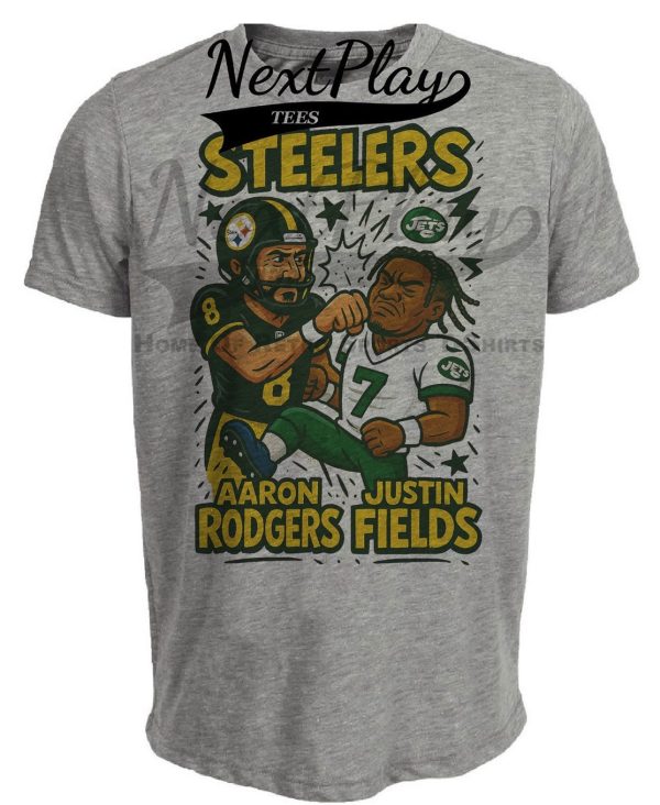 Pittsburgh Steelers Aaron Rodgers vs. New York Jets Justin Fields Exclusive Retro Rivals Football Artwork Heather Gray Sublimated T-Shirt