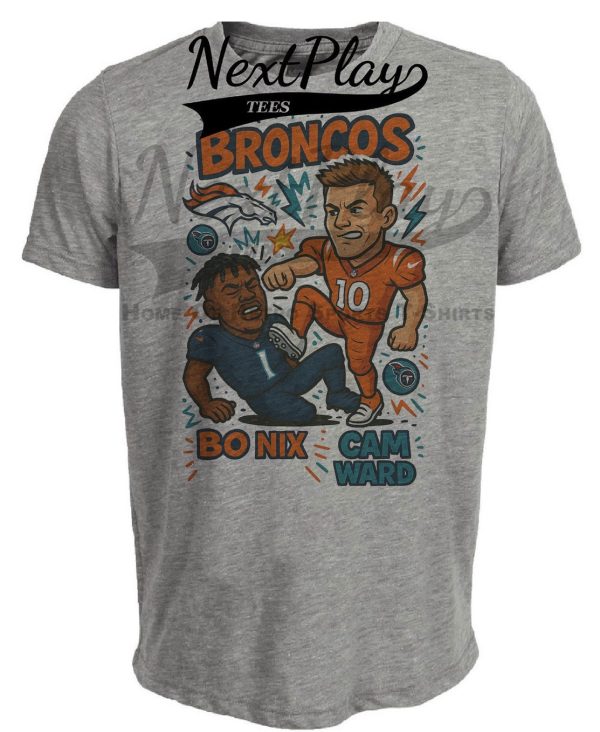 Denver Broncos Bo Nix vs. Tennessee Titans Cam Ward Exclusive Retro Rivals Football Artwork Heather Gray Sublimated T-Shirt