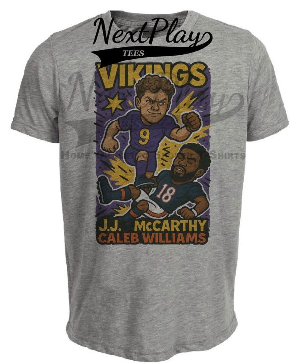Minnesota Vikings J.J. McCarthy vs. Chicago Bears Caleb Williams Exclusive Retro Rivals Football Artwork Heather Gray Sublimated T-Shirt