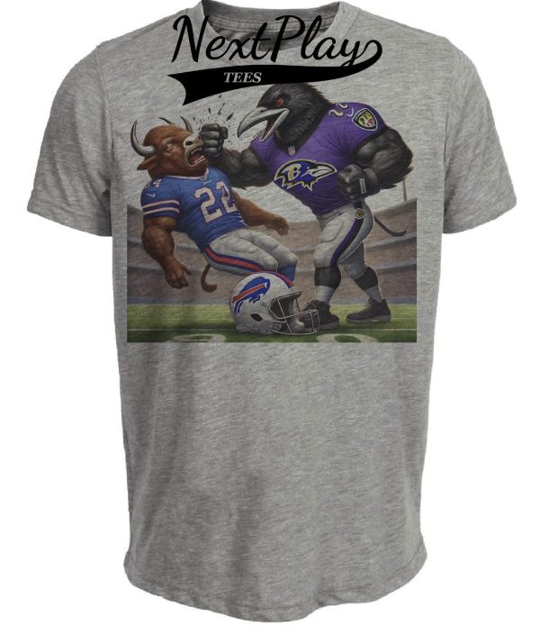 Baltimore Ravens vs. Buffalo Bills Exclusive Retro Rivalries Playoff Football Punch Artwork Heather Gray Sublimated T-Shirt
