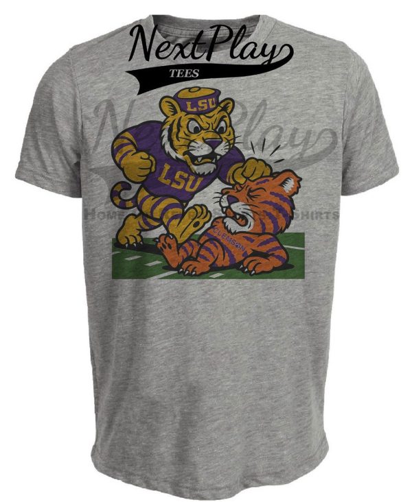 LSU Tigers vs. Clemson Tigers Exclusive Retro Rivals Football 1955 Artwork Heather Gray Sublimated T-Shirt