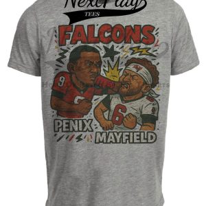 Atlanta Falcons Michael Penix Jr. vs. Tampa Bay Buccaneers Baker Mayfield Exclusive Retro Rivals Football Artwork Heather Gray Sublimated T-Shirt
