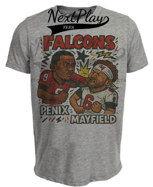 Atlanta Falcons Michael Penix Jr. vs. Tampa Bay Buccaneers Baker Mayfield Exclusive Retro Rivals Football Artwork Heather Gray Sublimated T-Shirt