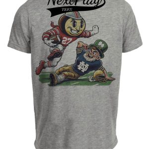 Ohio State Buckeyes vs. Notre Dame Fighting Irish Exclusive Stiff Arm Retro Rivalries Football Artwork Heather Gray Sublimated T-Shirt
