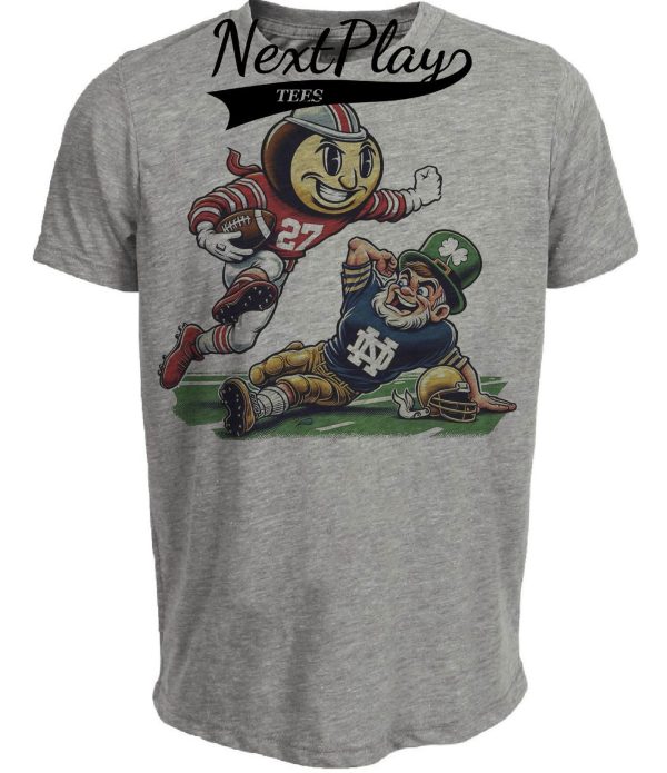 Ohio State Buckeyes vs. Notre Dame Fighting Irish Exclusive Stiff Arm Retro Rivalries Football Artwork Heather Gray Sublimated T-Shirt