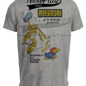 Missouri Tigers vs. Kansas Jayhawks College Retro Rivals Football T-Shirt 1970 Artwork Heather Gray Sublimated