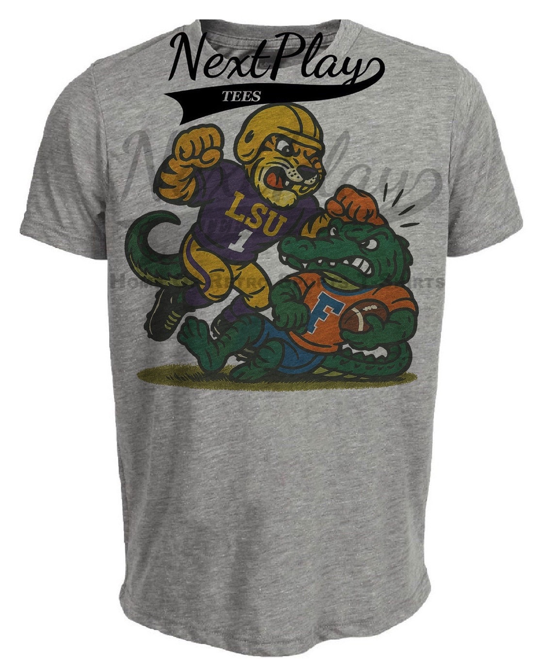 LSU Tigers vs. Florida Gators Exclusive Retro Rivals Football Artwork Heather Gray Sublimated T-Shirt