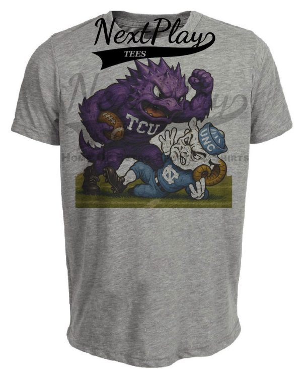TCU Horned Frogs vs. North Carolina Tar Heels Exclusive Retro Rivals Football Artwork Heather Gray Sublimated T-Shirt