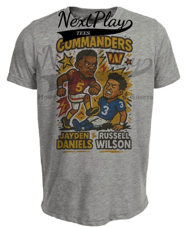 Washington Commanders Jayden Daniels vs. New York Giants Russell Wilson Exclusive Retro Rivals Football Artwork Heather Gray Sublimated T-Shirt
