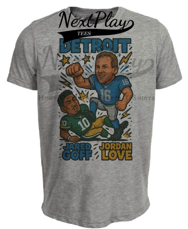 Detroit Lions Jared Goff vs. Green Bay Packers Jordan Love Exclusive Retro Rivals Football Artwork Heather Gray Sublimated T-Shirt