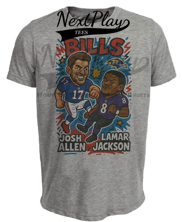 Buffalo Bills Josh Allen vs. Baltimore Ravens Lamar Jackson Exclusive Retro Rivals Football Artwork Heather Gray Sublimated T-Shirt