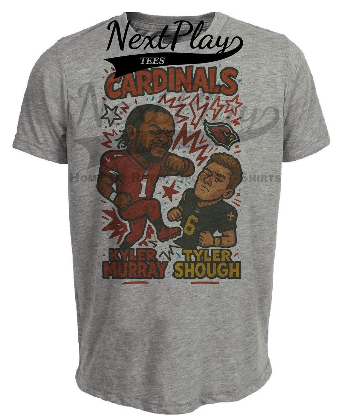 Arizona Cardinals Kyler Murray vs. New Orleans Tyler Shough Exclusive Retro Rivals Football Artwork Heather Gray Sublimated T-Shirt