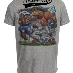 Denver Broncos vs. Buffalo Bills Exclusive Retro Rivalries Football Punch Artwork Heather Gray Sublimated T-Shirt