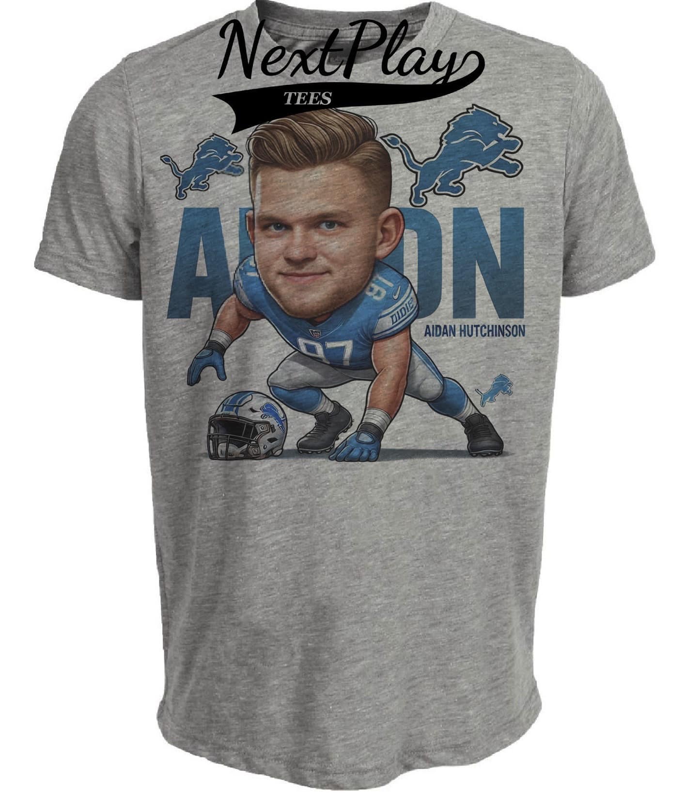 Detroit Lions Aidan Hutchinson Exclusive Retro Football Artwork Heather Gray Sublimated T-Shirt