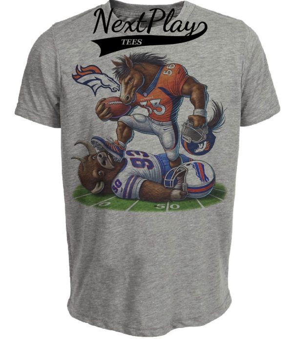 Denver Broncos vs. Buffalo Bills Exclusive Retro Rivalries Football Stomp Artwork Heather Gray Sublimated T-Shirt