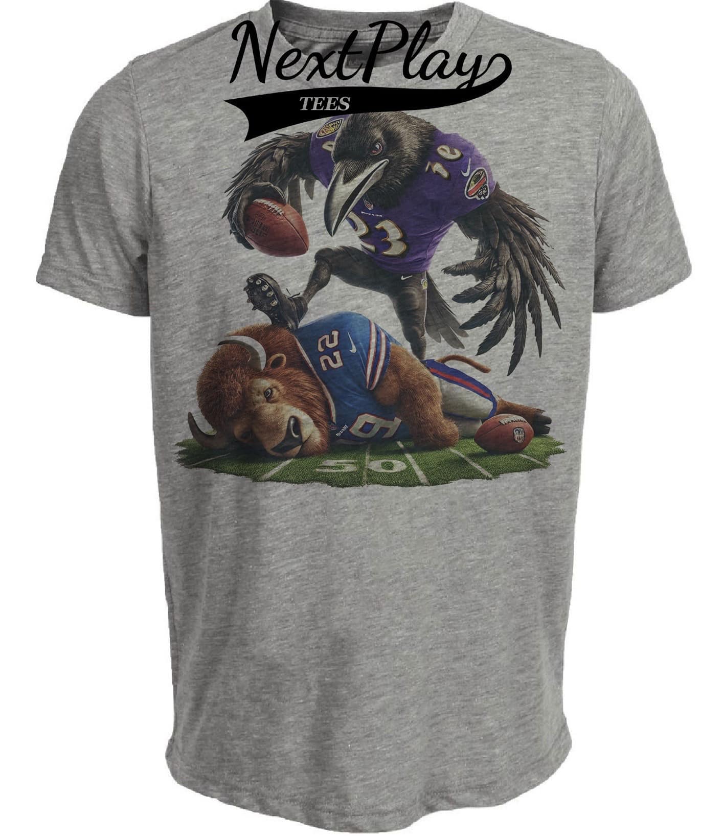Baltimore Ravens vs. Buffalo Bills Exclusive Retro Rivalries Playoff Football Stomp Artwork Heather Gray Sublimated T-Shirt